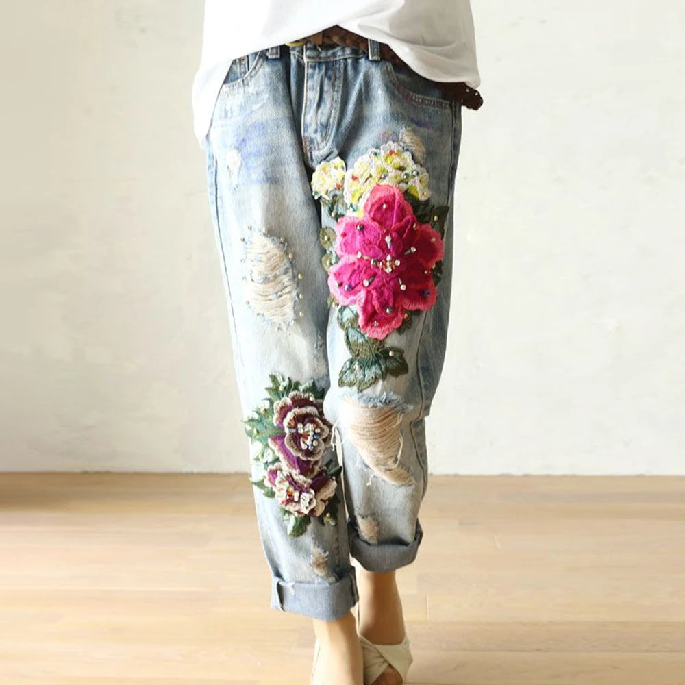 Women Denim Jeans Floral Embroidery Vintage Straight High Waist Trousers Pants Fashion Ripped Washed Loose Casual Harem Pants